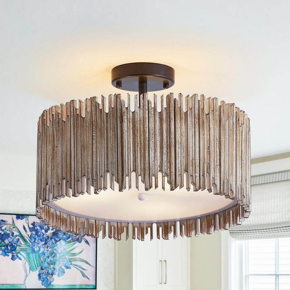 15.5 in. 3-Light Black Farmhouse Semi-Flush Mount With Wood Shade - Hercitys