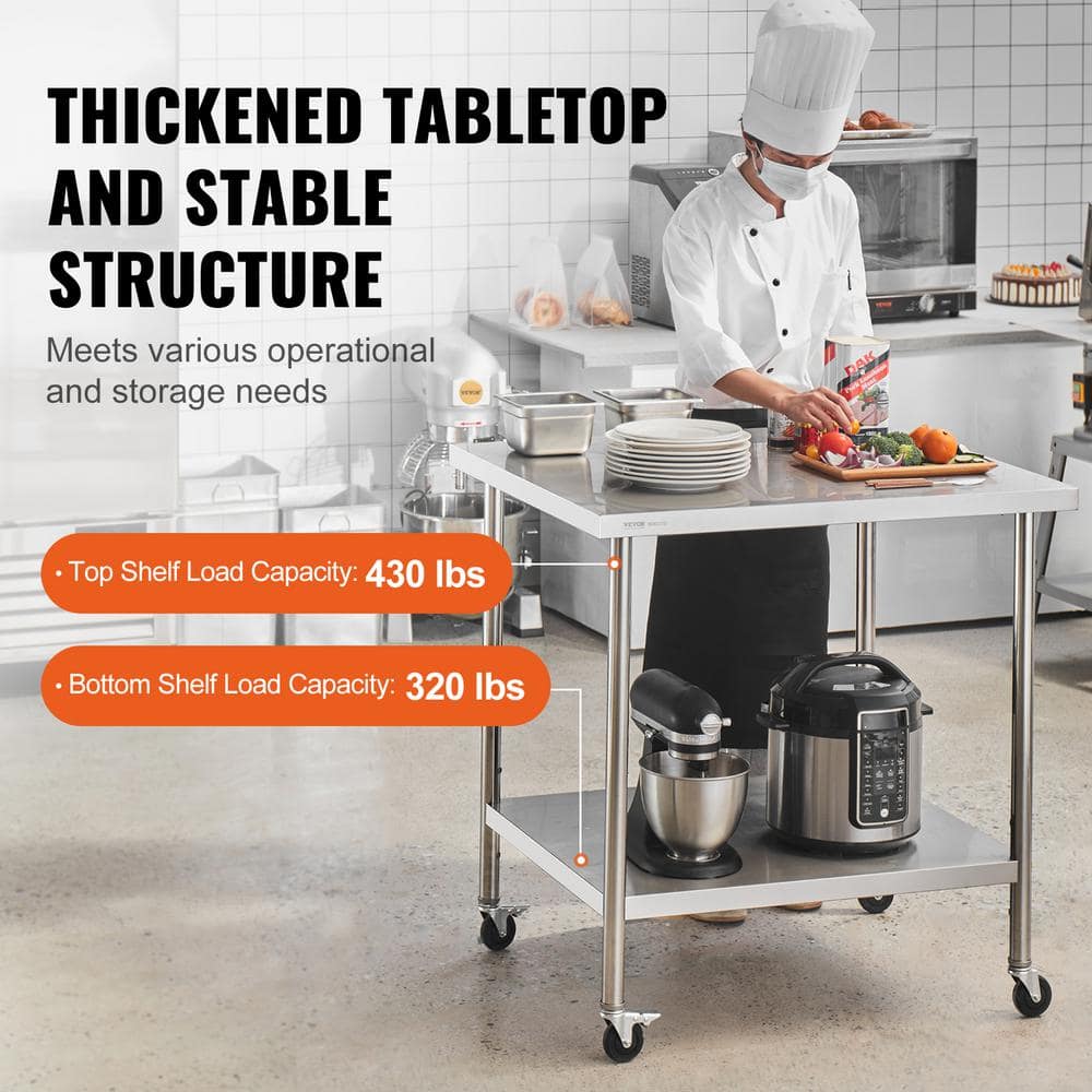 24 x 36 x 38 in. Stainless Steel Commercial Kitchen Prep Table with 4-Wheels 3-Adjustable Height Levels Silver - Hercitys