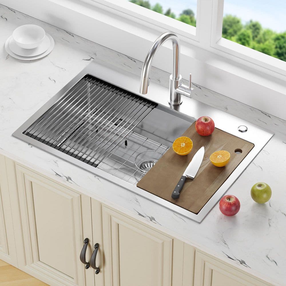33 in. Drop-In/Undermount Single Bowl 16 Gauge Silver Stainless Steel Kitchen Sink with Cutting Board - Hercitys