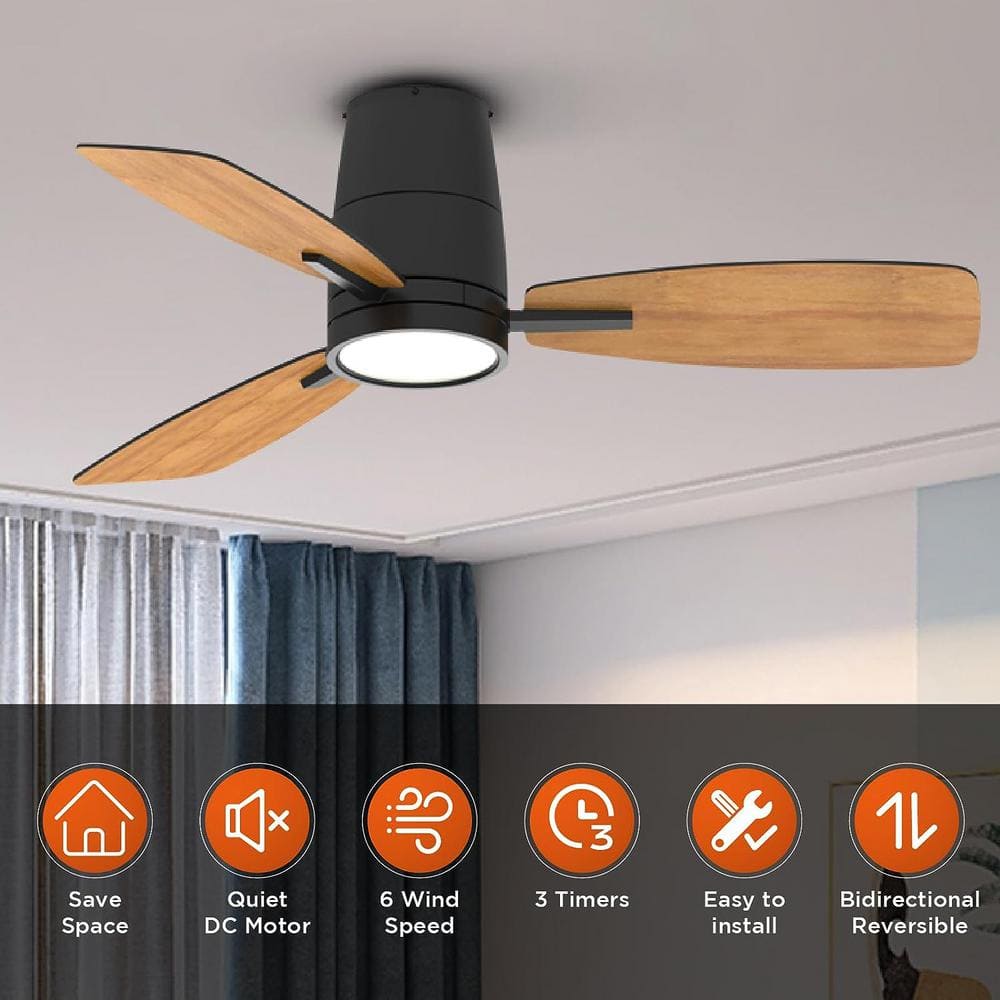 42 in. LED Indoor Black Flush Mount Ceiling fan with Light and Remote Reversible DC Motor and Blades for Home - Hercitys