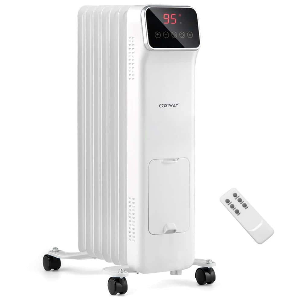 1500-Watt White Indoor Electric Oil Filled Radiator Radiant Space Heater with Remote Control 3-Modes 24-H Timer - Hercitys
