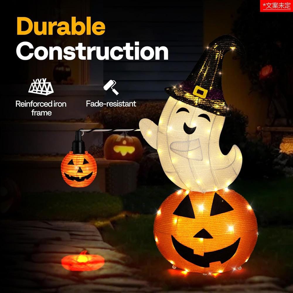 2.5 ft. Height LED Lighted Halloween Collapsible Metal Ghost on Pumpkin with Projection Effect - Hercitys