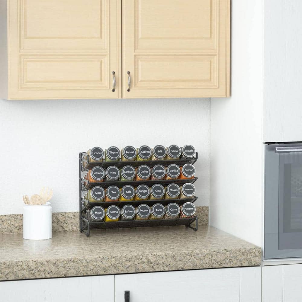 4 Shelf Black Wall-Mount Spice Rack Organizer-28 Jars, 13.4 in. W x 10.8 in. H - Hercitys