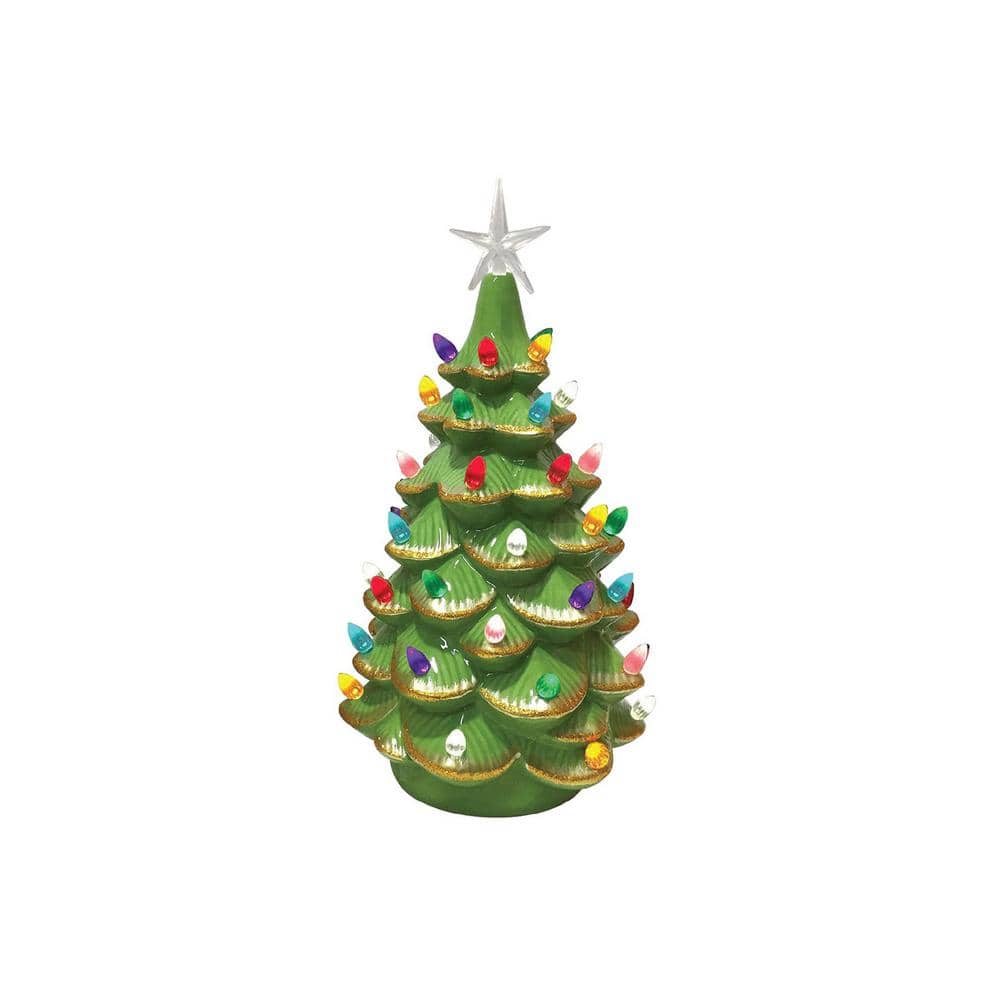 14 in. Lighted Green Ceramic Tree With Gold Tips - Hercitys