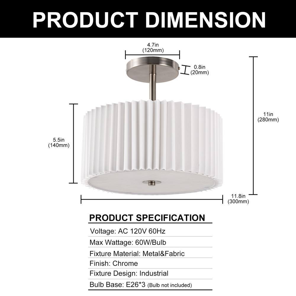 11.8 in. 3-Light Chrome Semi-Flush Mount Ceiling Light with Fabric and Acrylic Cylindrical Shades - Hercitys