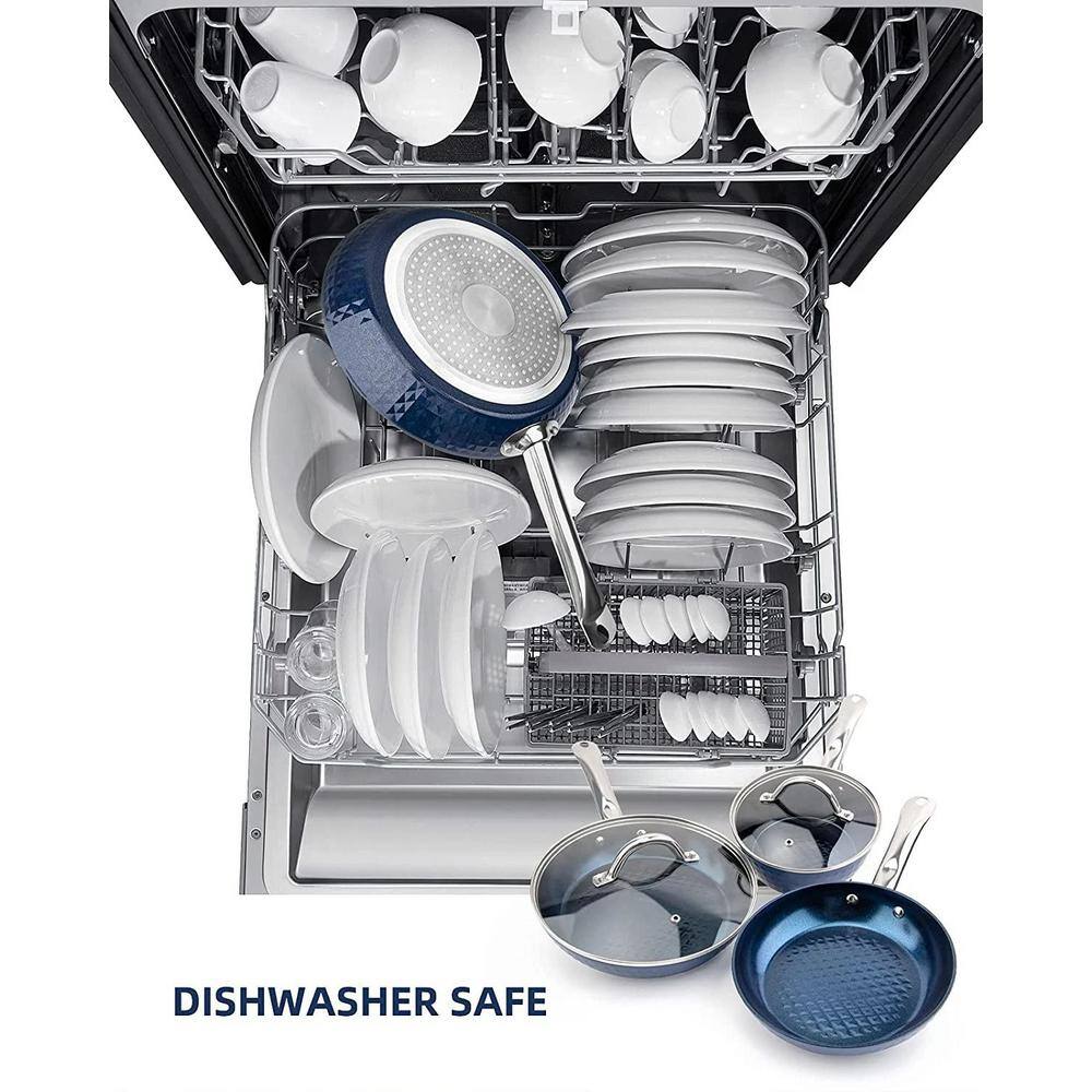 3-Piece Blue Stainless Steel Non-Stick Ceramic Cookware Set with Induction Fry Pan and Pot Saucepan with Lid - Hercitys