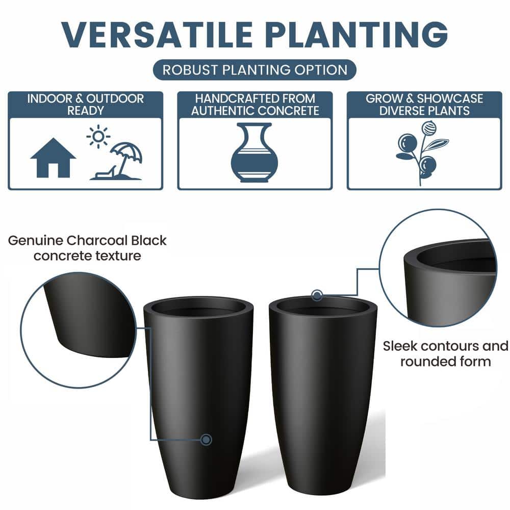 13.5 in. Large Charcoal Black Concrete Round Planter / Pot with Drainage Holes (Set of 2) - Hercitys