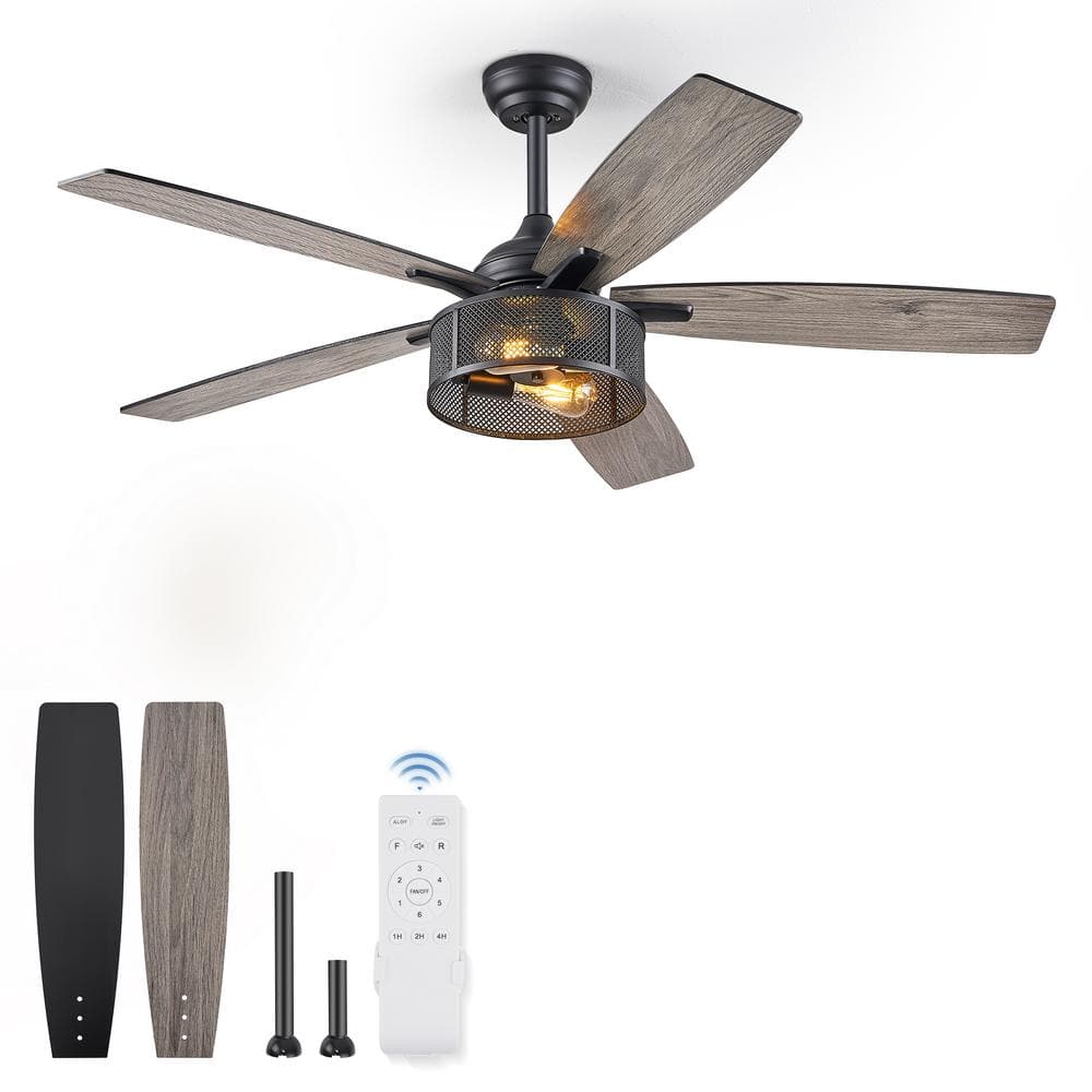 52 in. Indoor Black Dual-Finish Blades Downrod caged Ceiling Fan with Light and Remote Control - Hercitys