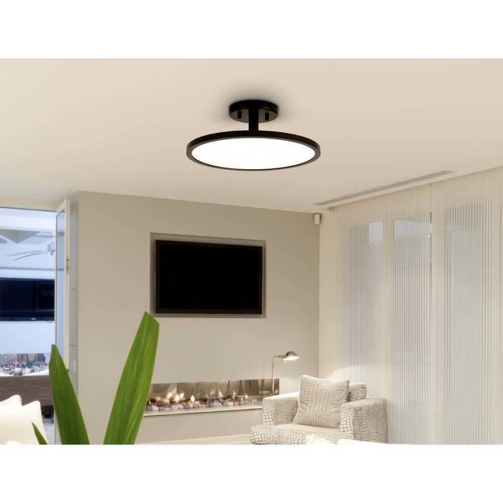 13 in. Matte Black Adjustable CCT Integrated LED Mini Pendant Semi-Flush Mount Light with White Acrylic Shade - Hercitys