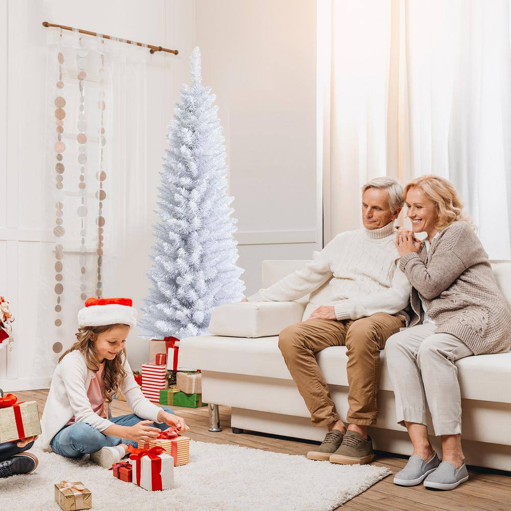 5 ft. Unlit Pencil White Artificial Christmas Tree Leafy Slim Xmas Tree - Hercitys