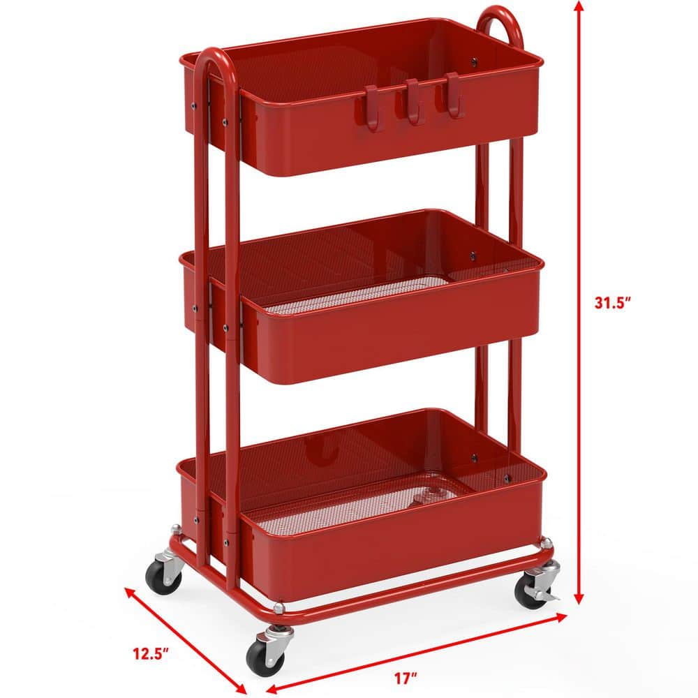3-Tier Metal -Wheeled Utility Cart in Red - Hercitys
