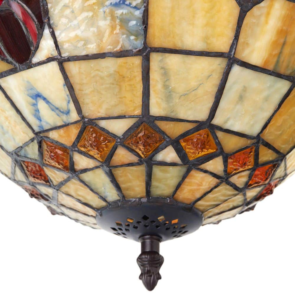 13 in. Tiffany Stained Glass Semi-Flush Mount Ceiling Light with Red and Amber Bowl Shade - Hercitys