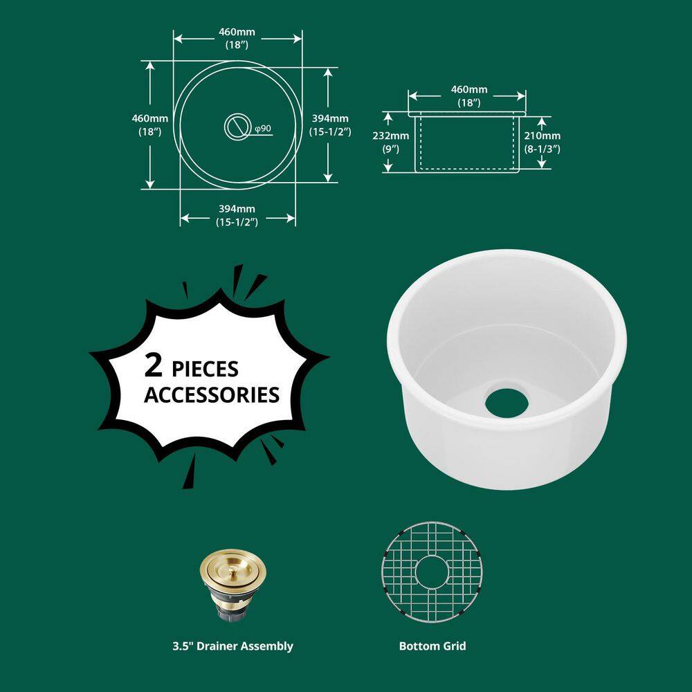 18 in. Undermount Single Bowl White Round Fireclay Kitchen Sink - Hercitys