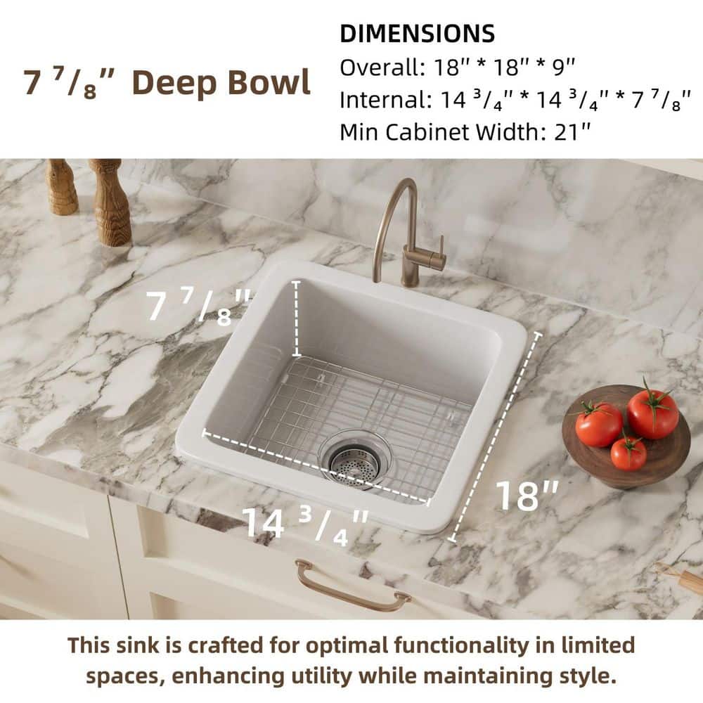 18 in. White Undermount Kitchen Sink, Dual Mount Square Fireclay Sink, Deep Single Bowl with Grid and Drain Strainer - Hercitys