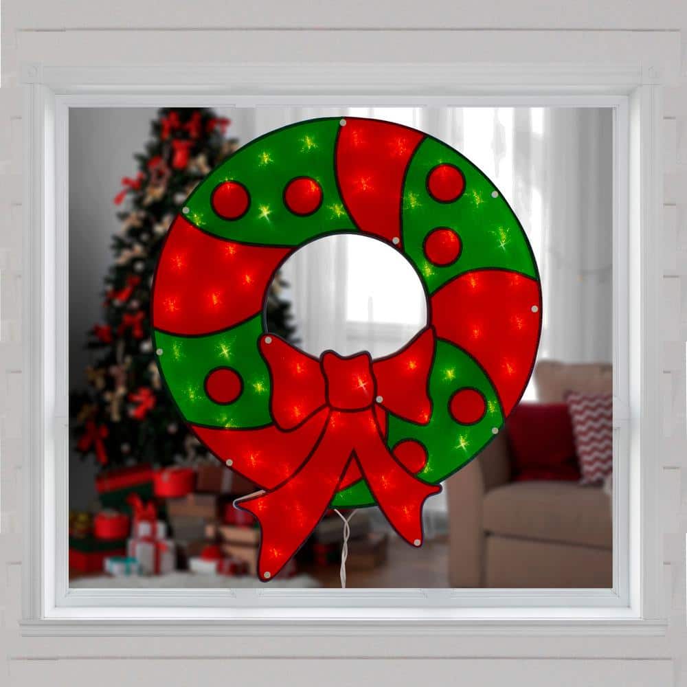 23 in. Lighted Red and Green Christmas Wreath Window Silhouette - Hercitys