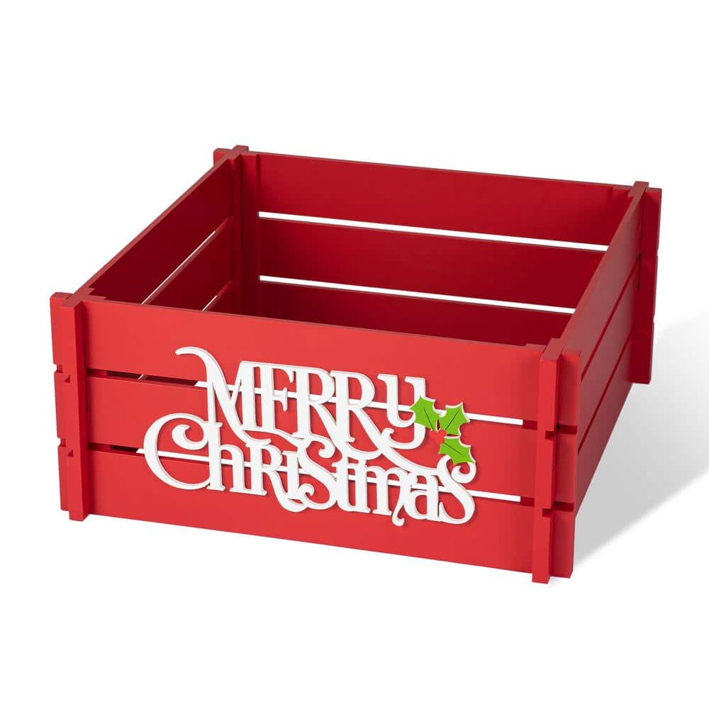 24 in. L Red “MERRY CHRISTMAS” Wooden Crate Tree Collar - Hercitys