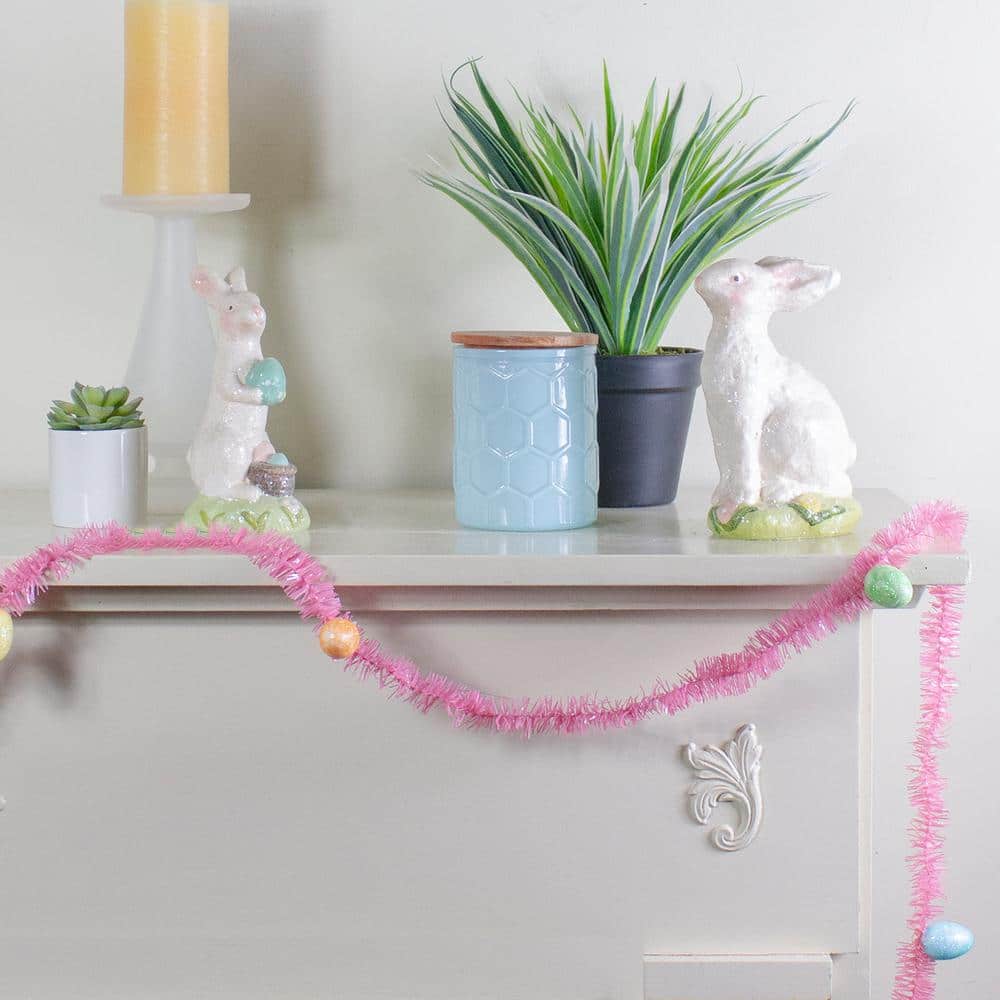 300 in. Pink Unlit Spring Tinsel Garland with Easter Eggs - Hercitys
