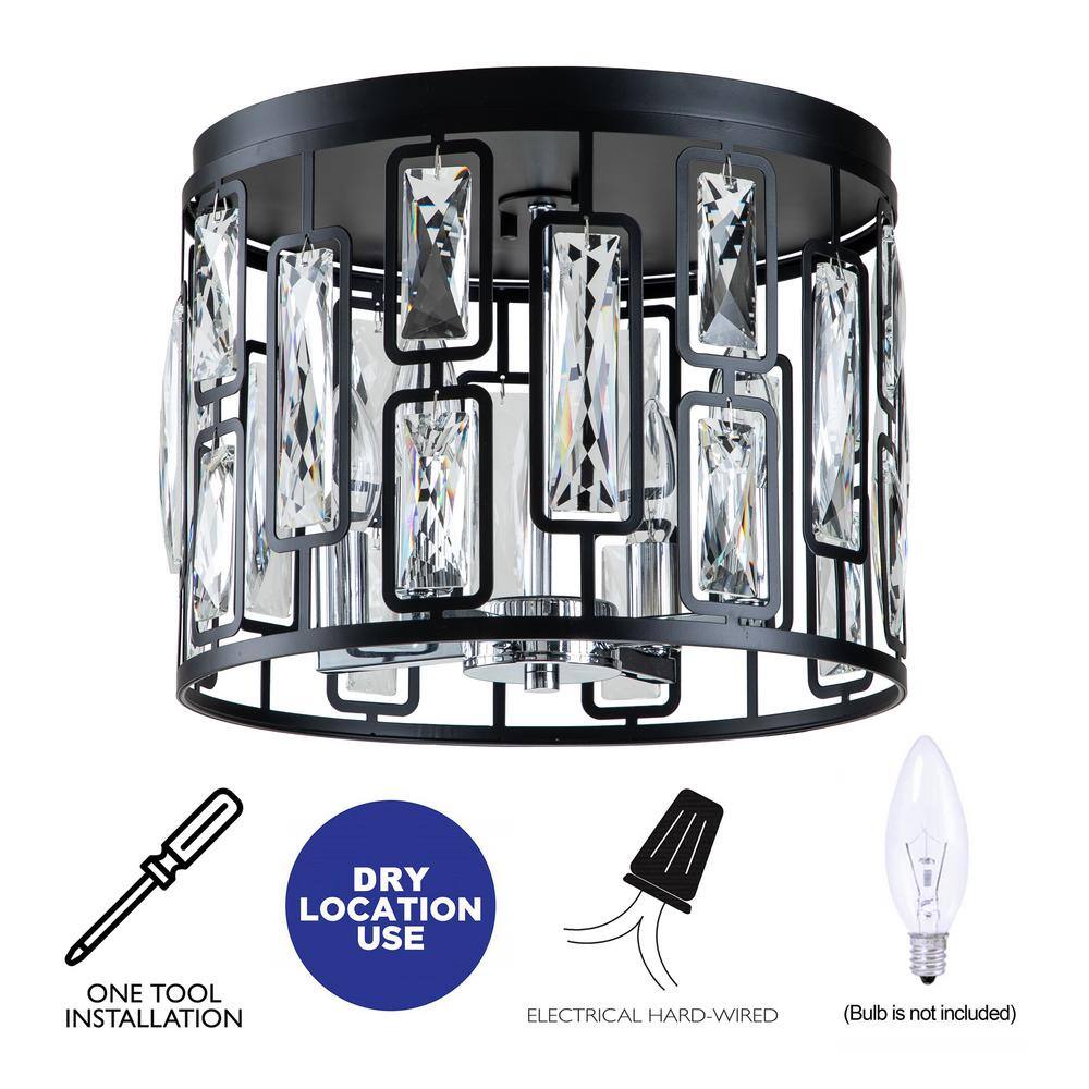 13 in. 4-Light Black Flush Mount with Clear Crystals - Hercitys