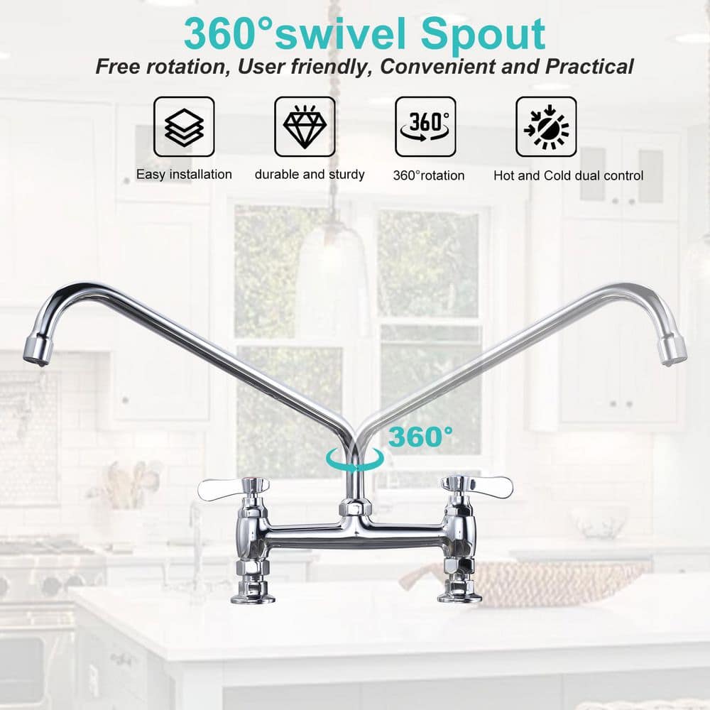 14 in. Double Handle Deck Mount Standard Kitchen Faucet in Chrome - Hercitys