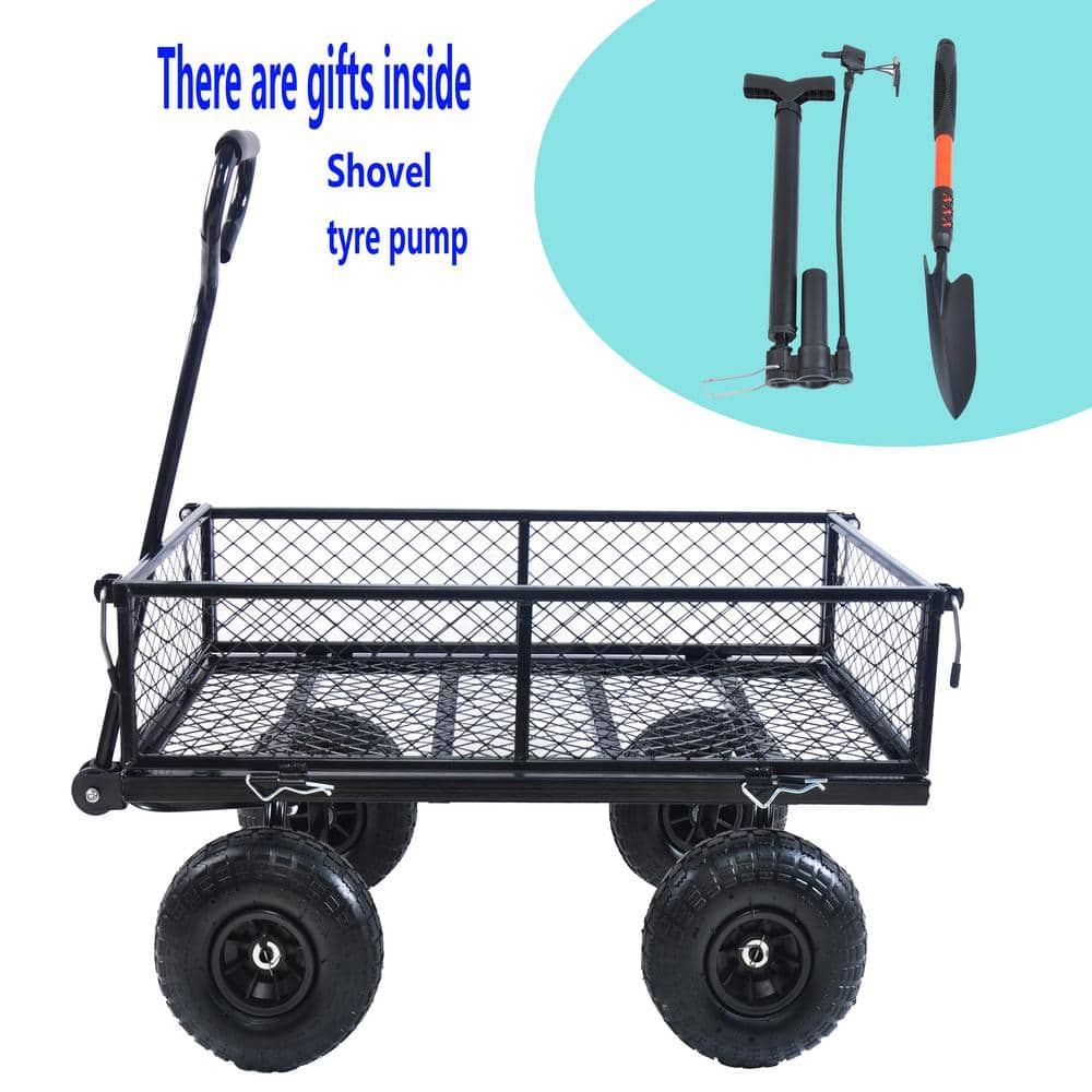 3.5 cu. ft. Steel Garden Cart, Removable Sides Utility Wagon Cart with Shovel and Tyre Pump, Black - Hercitys