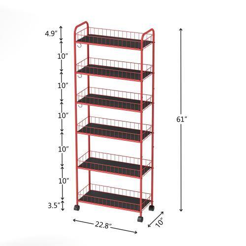 10 in. W 6-Shelf Red Metal Kitchen Car with Wheels - Hercitys