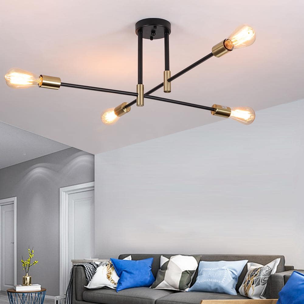 27.5 in. 4-Light Black and Brass Sputnik Semi- Flush Mount Ceiling Light with No Bulbs Included - Hercitys