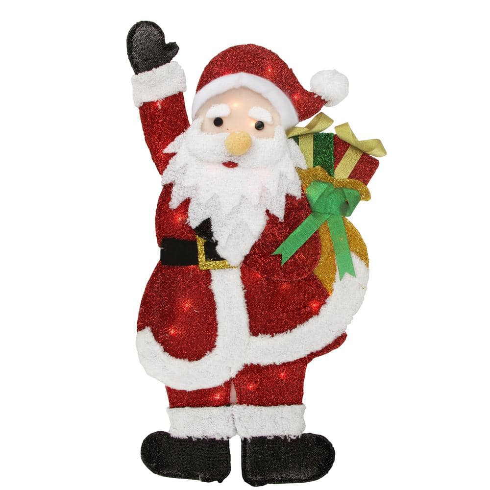 32 in. Red and White Lighted Waving Santa with Gifts Christmas Outdoor Decoration - Hercitys