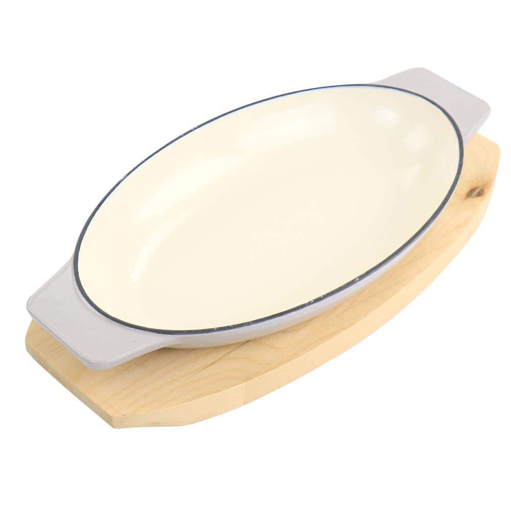 32 Ounce Oval Cast Iron Au Gratin Birch Wood Trivet Set - Hercitys