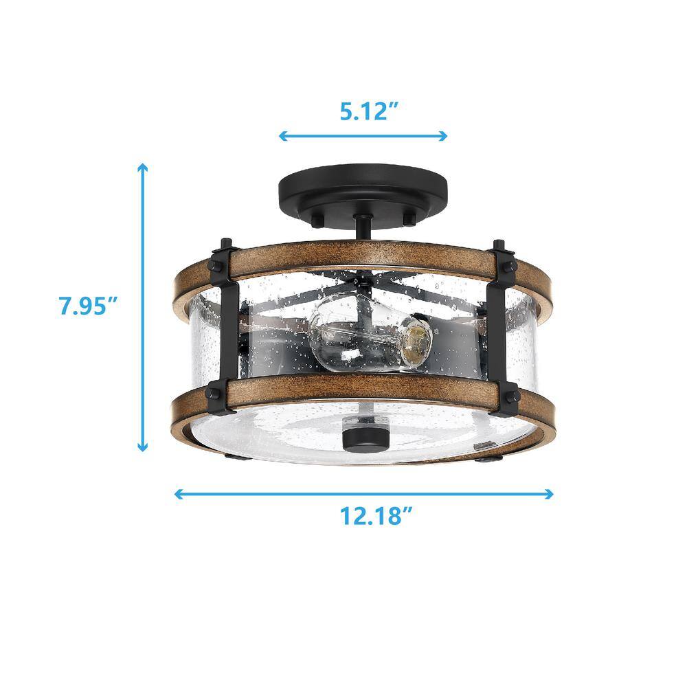 5.12 in. 2-Light Matte Black and Barnwood Accents Semi-Flush Mount Light with Shade (Bulbs Not Included) - Hercitys