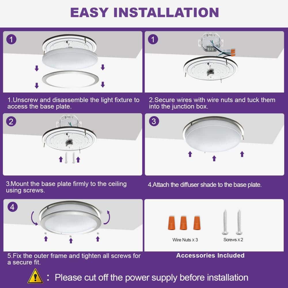 12in. Brushed Nickel Dimmable Integrated LED Flush Mount Light 15W 1000 Lumens Ceiling Light 2700-5000K - Hercitys