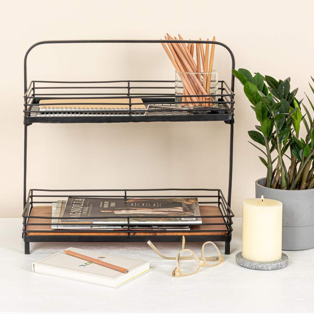 16.5 in. W x 15.5 in. H x 6.6 in. D Rectangle Black Acacia Wood 2-Tier Serving Tray On Metal Stand (Set of 1) - Hercitys