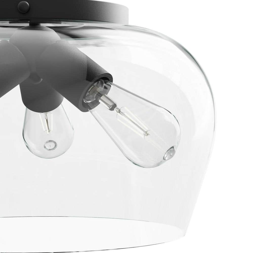 14 in. 3-Light Matte Black Semi-Flush Mount with Clear Glass Shade - Hercitys