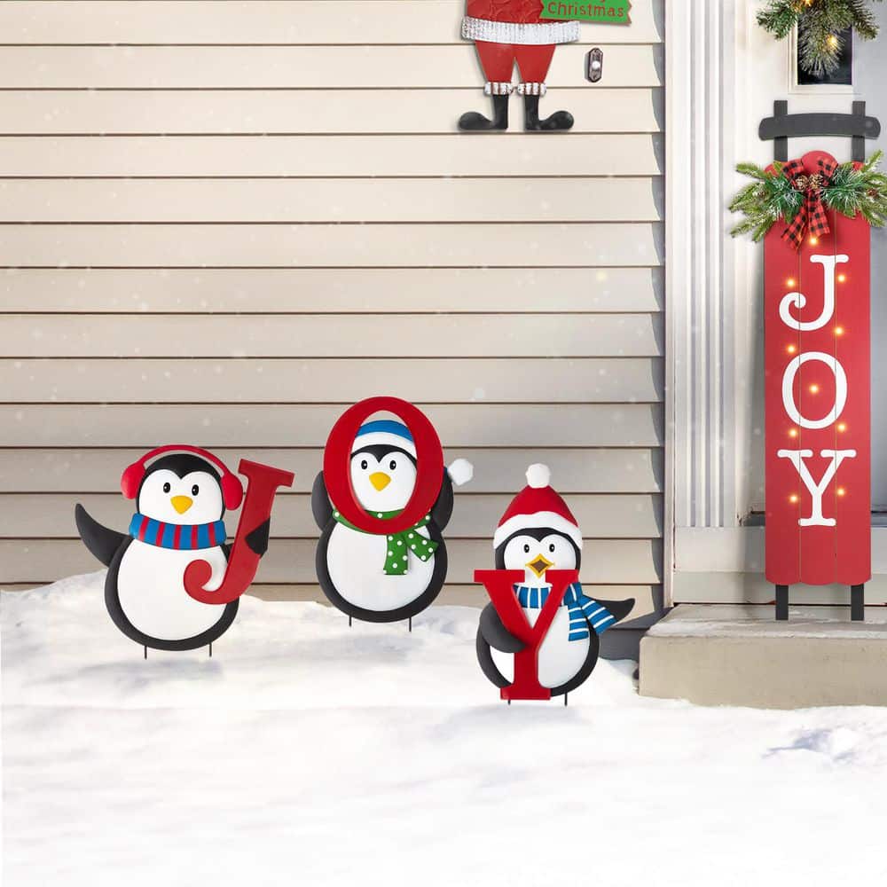 42 in. H Metal JOY Penguin Yard Stake or Wall Decor (KD, 2 Function) - Hercitys