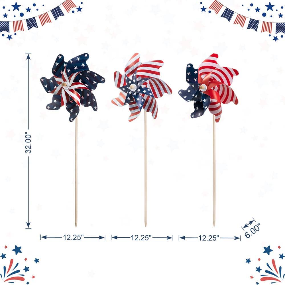 32 in. H Set of 3 Plastic Stars&Stripes Patriotic/Americana Windmills(KD) - Hercitys