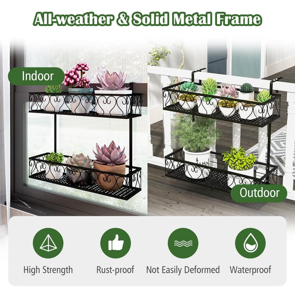 2-Tier Metal Hanging Flower Rack Flower Pot Holder w/Adjustable Hooks Railing Basket Shelf Potted Plant Container - Hercitys