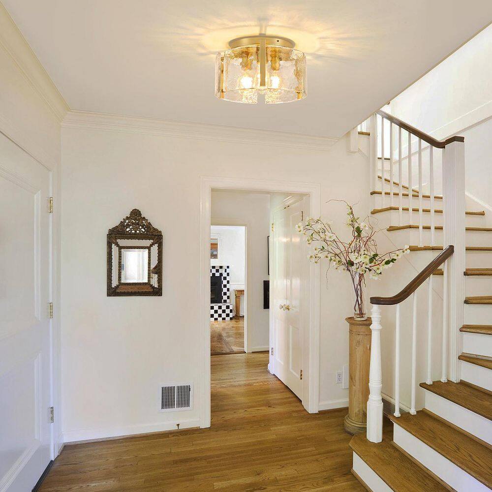 14.96 in. 3-Light Gold Modern Flush Mount Ceiling Light with Water Glass Shade - Hercitys