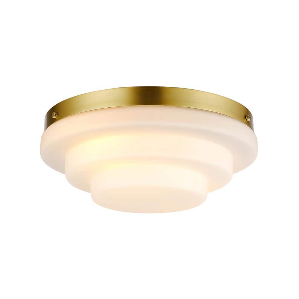 11.81 in. 2-Light Matte Brass Flush Mount Ceiling Light with Tiered Milk Glass Shade - Hercitys