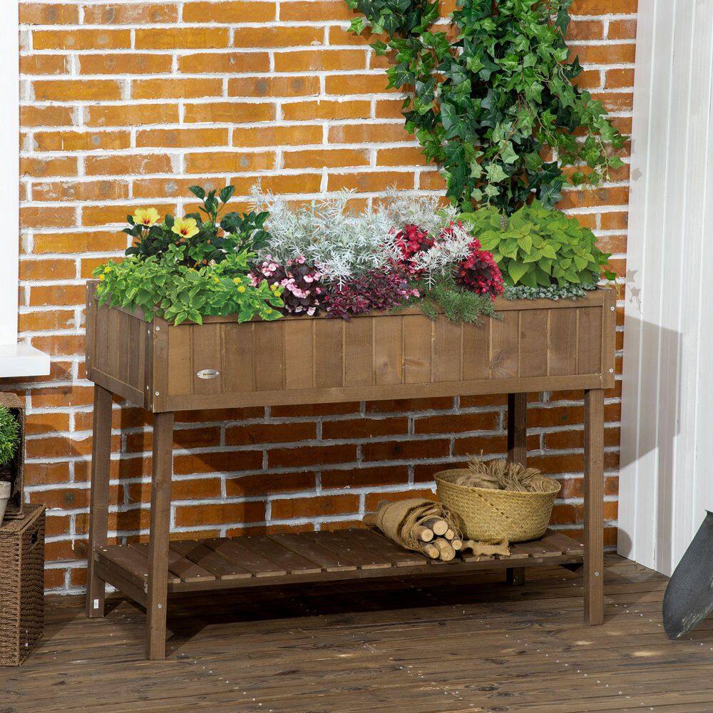 43 in. x 18 in. x 30 in. Brown Raised Garden Bed with 8 Pockets and 1 Shelf, Wooden Elevated Planter Box with Legs - Hercitys
