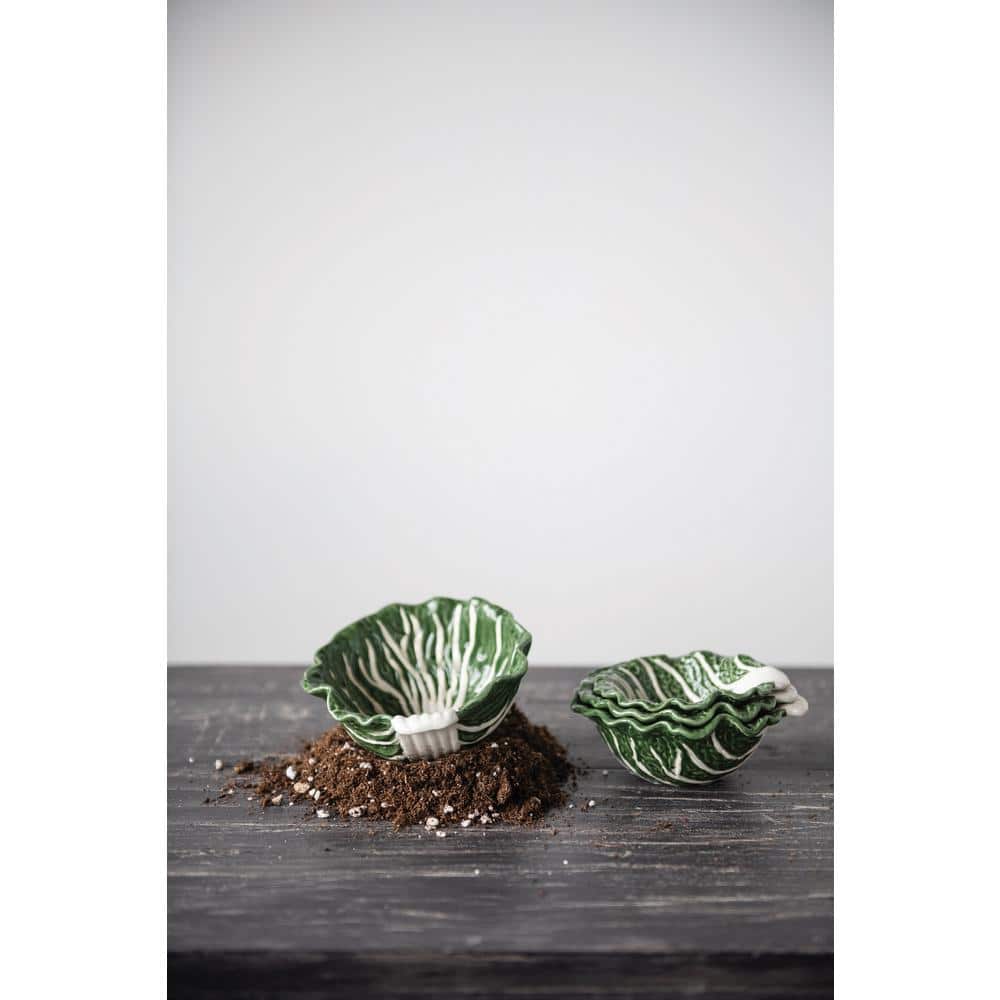 5.5 in. 6.8 fl. oz. Green Hand-painted Cabbage Shaped Stoneware Serving Bowls (Set of 4) - Hercitys