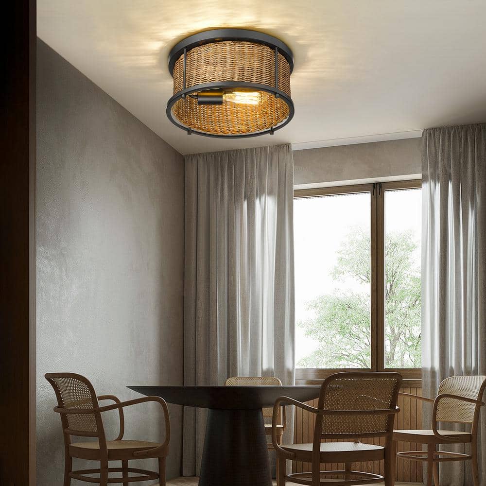 11.75 in. 2-Light Natural Bohemian Rattan Flush Mount Ceiling Light - Hercitys