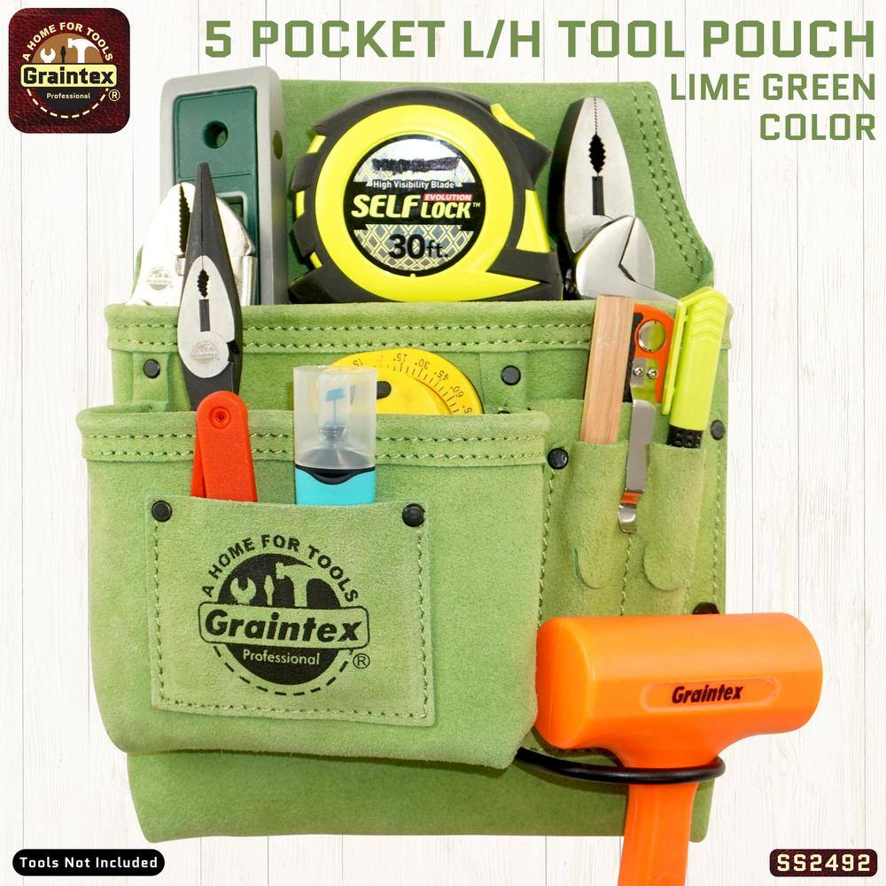 5-Pocket Left Handed Lime Green Nail & Tool Pouch - Hercitys