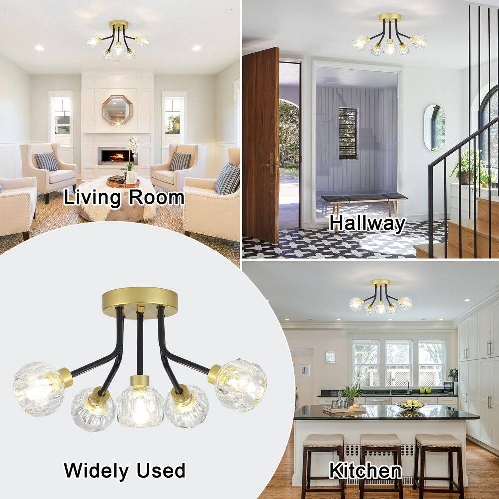 16.14 in. 5-Light Black Gold Transitional Semi-Flush Mount with No Bulbs Included - Hercitys