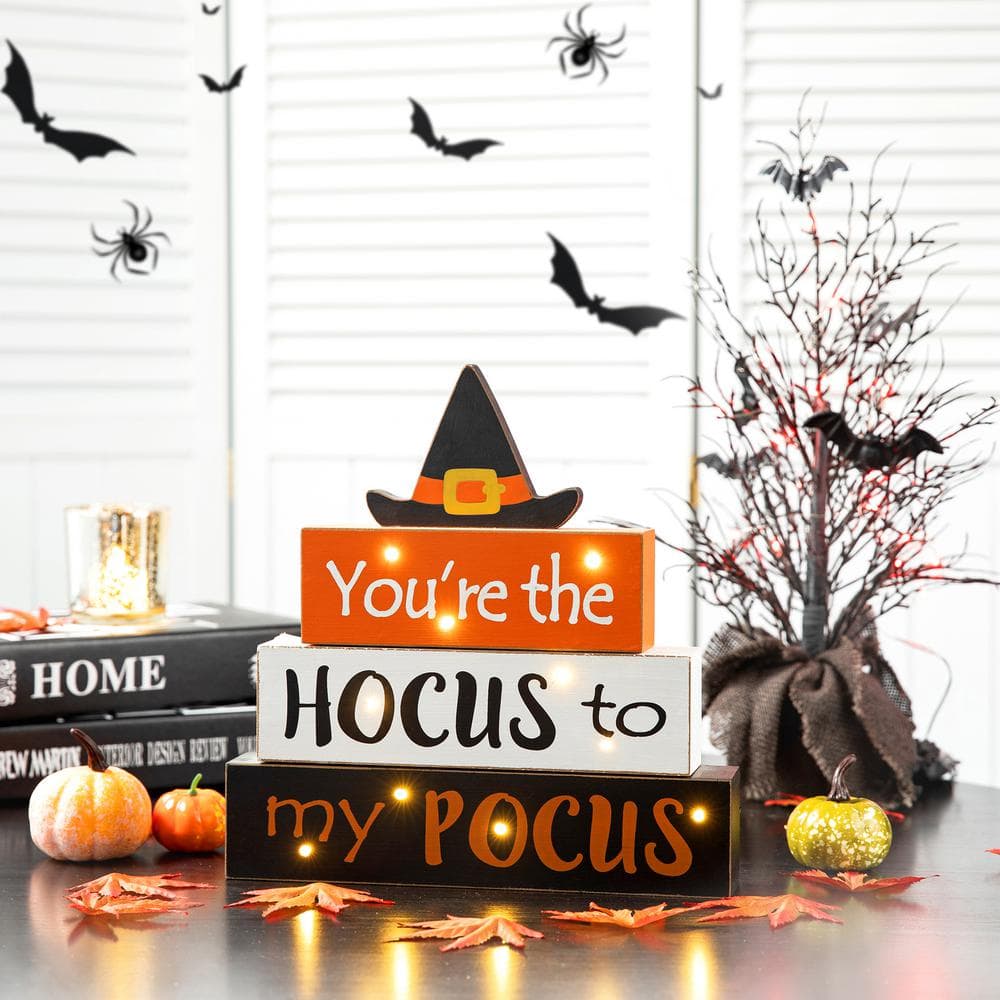 11.54 in. H Halloween Wooden Lighted Witch/Word Block Table Decor - Hercitys