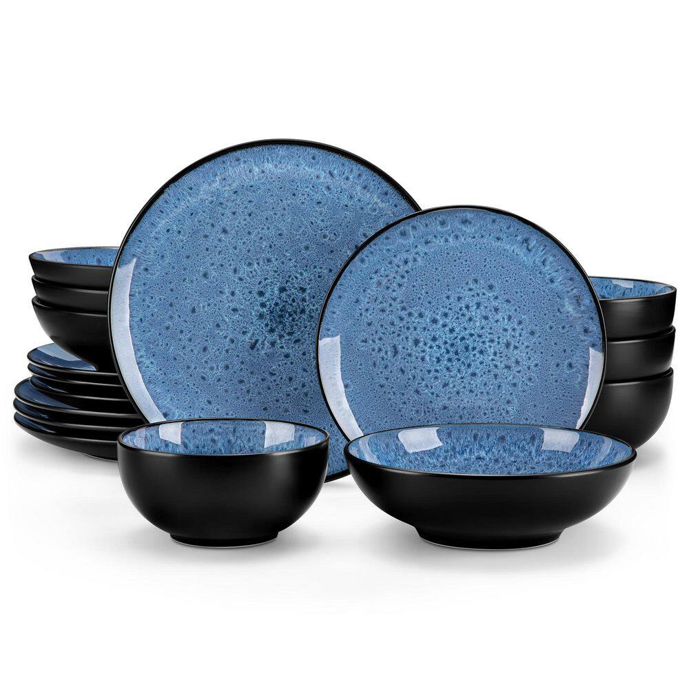 16-Piece Blue Stoneware Dinnerware Set (Service Set for 4) Bowls and Plates Dinner Set - Hercitys