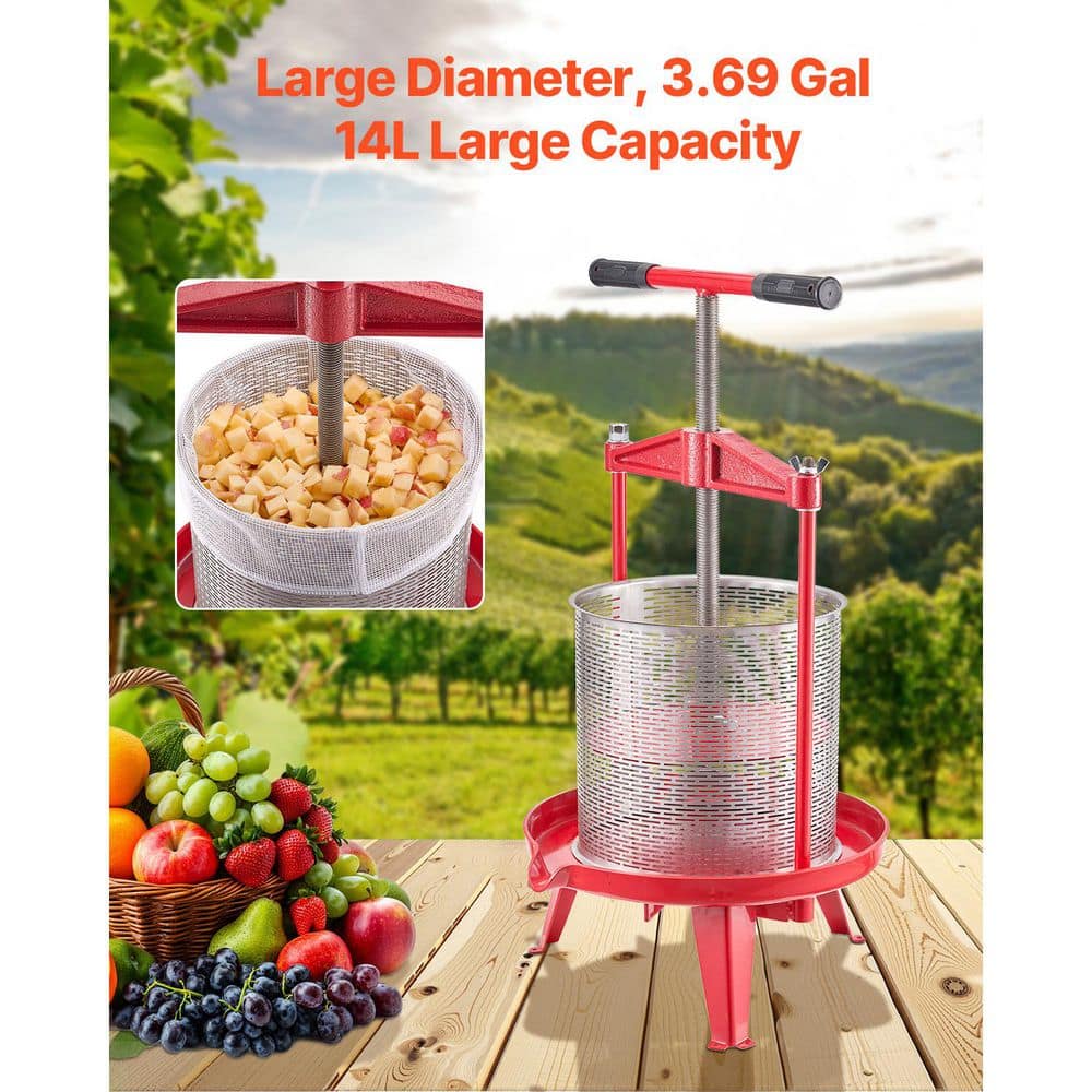 3.69Gal/14L Fruit Wine Press, Stainless Steel Basket with Cross-Beam, Manual Cider & Juice Maker with T-Handle for Apple - Hercitys