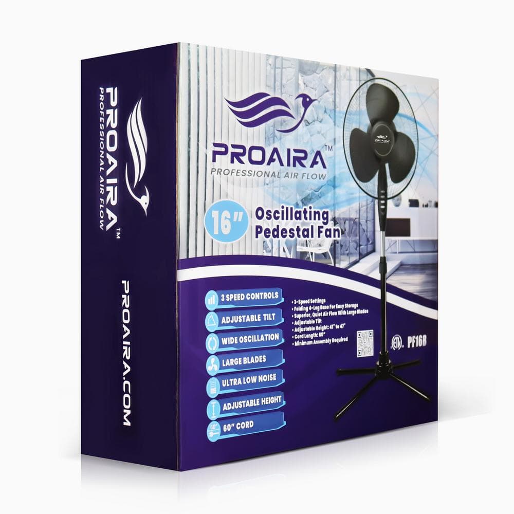 16 in. Oscillating Pedestal Fan in Black with 3 Speed Controls - Hercitys