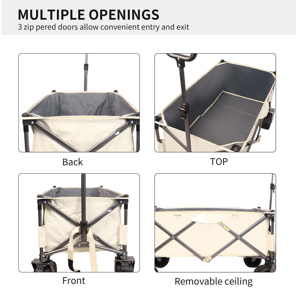 29 cu. ft. Antique White+Gray Steel Folding Wagon, Adjustable Handle & Drink Holders-Convenient Folding Garden Cart - Hercitys
