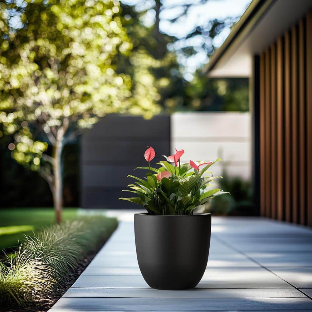 18 in. Large Charcoal Black Concrete Round Planter / Pot with Drainage Holes - Hercitys
