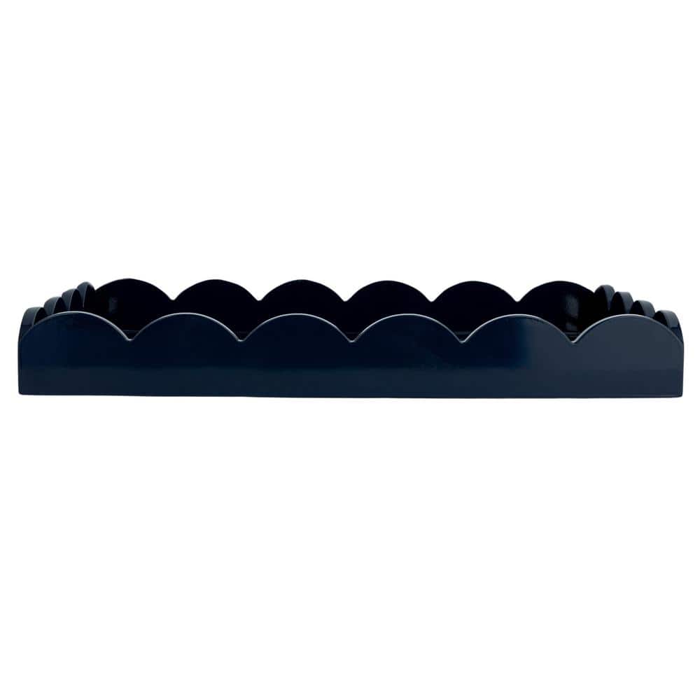 20.5 in. W x 2.6 in. H x 20.5 in. D Rectangle Wood Navy Blue Lacquered Scalloped Tray Serving Tray with Handles - Hercitys