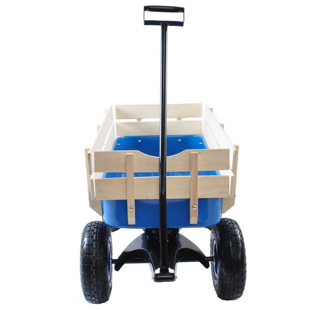 3 cu. ft. Steel Wood Blue Garden Cart with Air Tires, Adjusted handle and Detachable Wood Fence - Hercitys